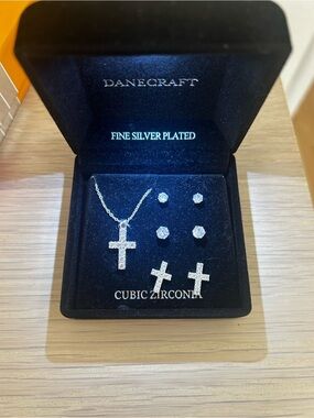 Dane Craft Silver Plated Cubic Zirconia Cross Necklace and Earring Set